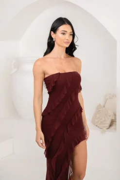 Solita Strapless Frill Detail Maxi Dress - Burgundy