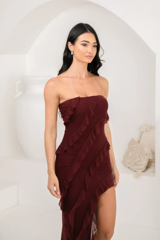 Solita Strapless Frill Detail Maxi Dress - Burgundy