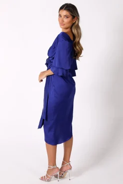 Vittoria Satin Off The Shoulder Wrap Dress in Royal Blue