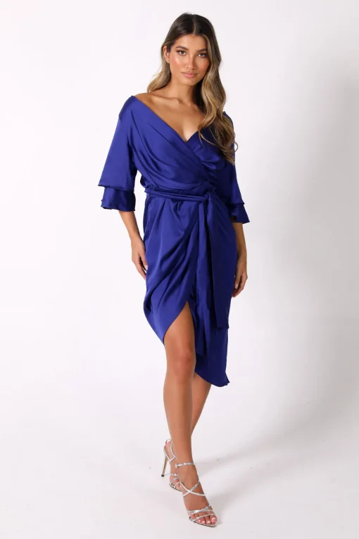 Vittoria Satin Off The Shoulder Wrap Dress in Royal Blue