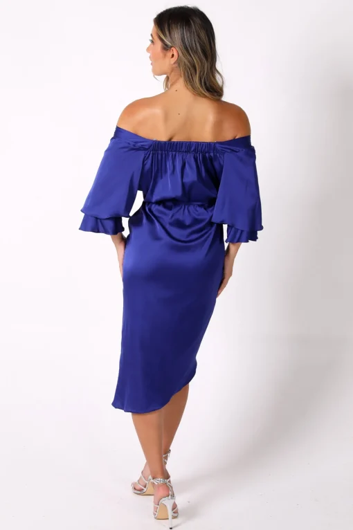 Vittoria Satin Off The Shoulder Wrap Dress in Royal Blue