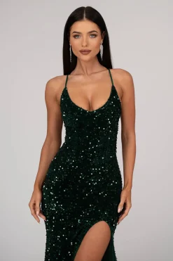Zelda Side Slit Velvet Sequin Gown - Emerald