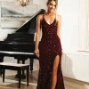 Zelda Side Slit Velvet Sequin Gown - Burgundy