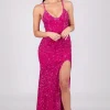Zelda Side Slit Velvet Sequin Gown - Fuchsia