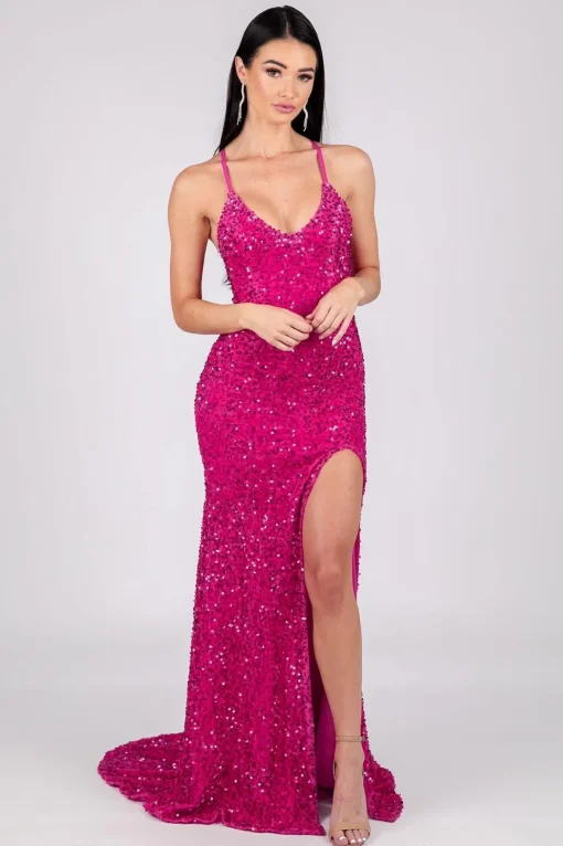 Zelda Side Slit Velvet Sequin Gown - Fuchsia