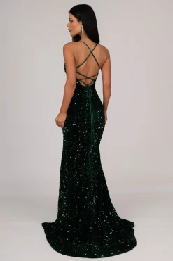 Zelda Side Slit Velvet Sequin Gown - Emerald