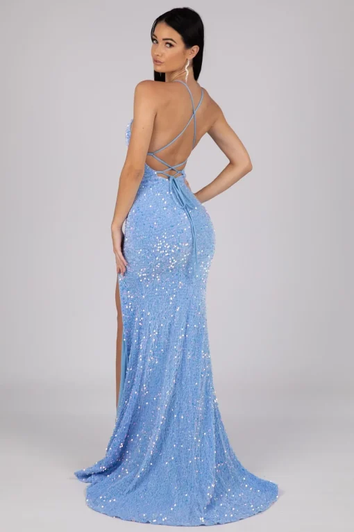Zelda Side Slit Velvet Sequin Gown - Light Blue