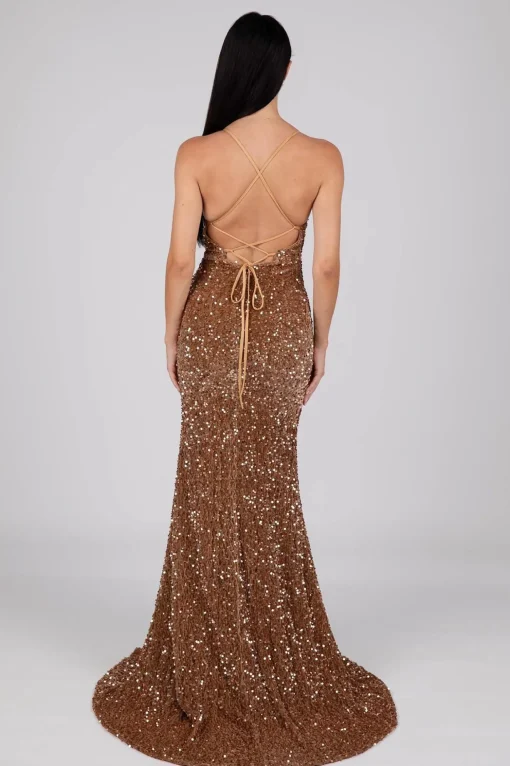 Zelda Side Slit Velvet Sequin Gown - Bronze Gold