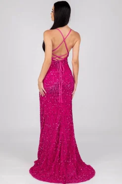Zelda Side Slit Velvet Sequin Gown - Fuchsia