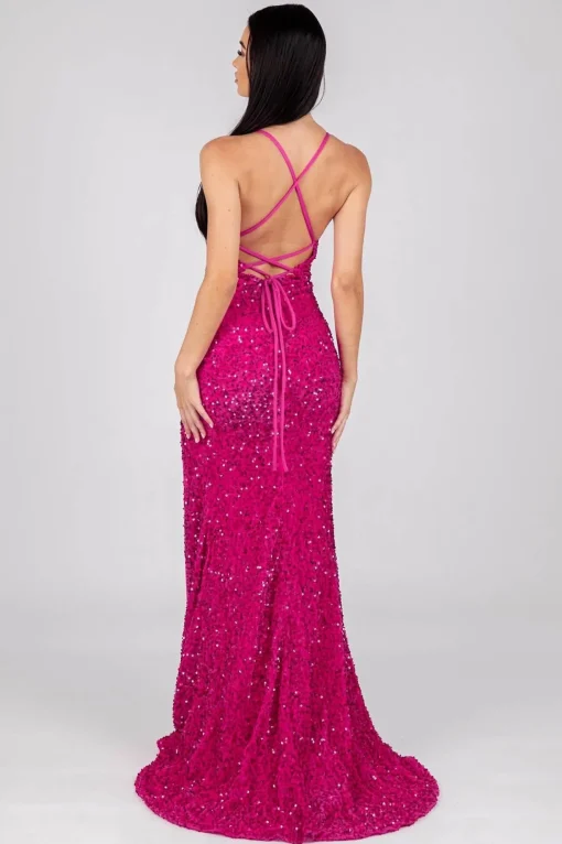 Zelda Side Slit Velvet Sequin Gown - Fuchsia