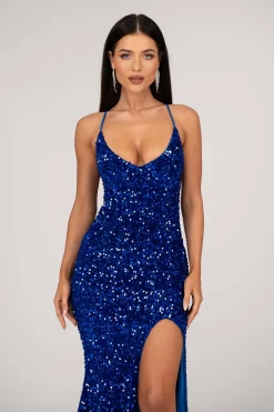 Zelda Side Slit Velvet Sequin Gown - Royal Blue