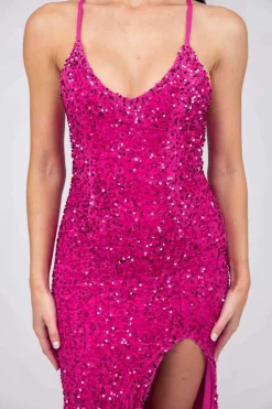 Zelda Side Slit Velvet Sequin Gown - Fuchsia