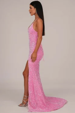 Zelda Side Slit Velvet Sequin Gown - Pink