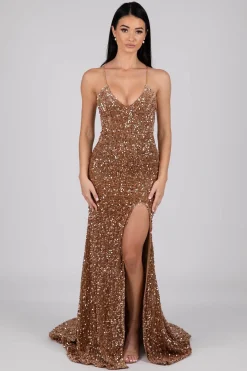 Zelda Side Slit Velvet Sequin Gown - Bronze Gold