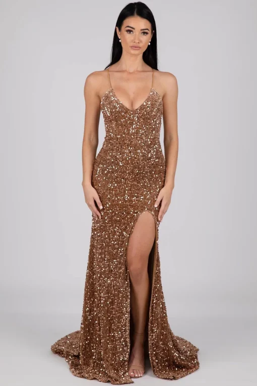 Zelda Side Slit Velvet Sequin Gown - Bronze Gold