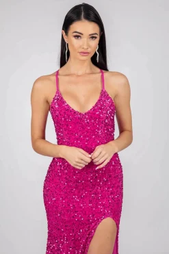 Zelda Side Slit Velvet Sequin Gown - Fuchsia