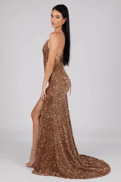 Zelda Side Slit Velvet Sequin Gown - Bronze Gold