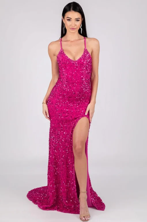 Zelda Side Slit Velvet Sequin Gown - Fuchsia