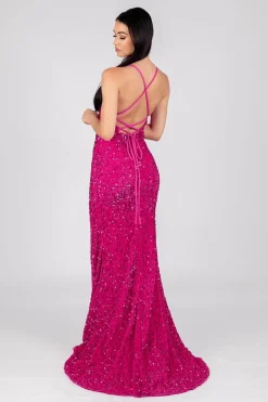 Zelda Side Slit Velvet Sequin Gown - Fuchsia